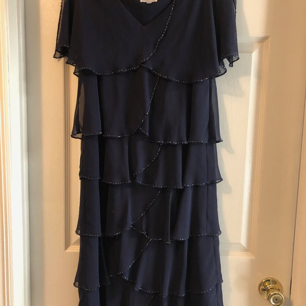 Patra Navy Blue Tiered Chiffon Dress with Beaded Trim